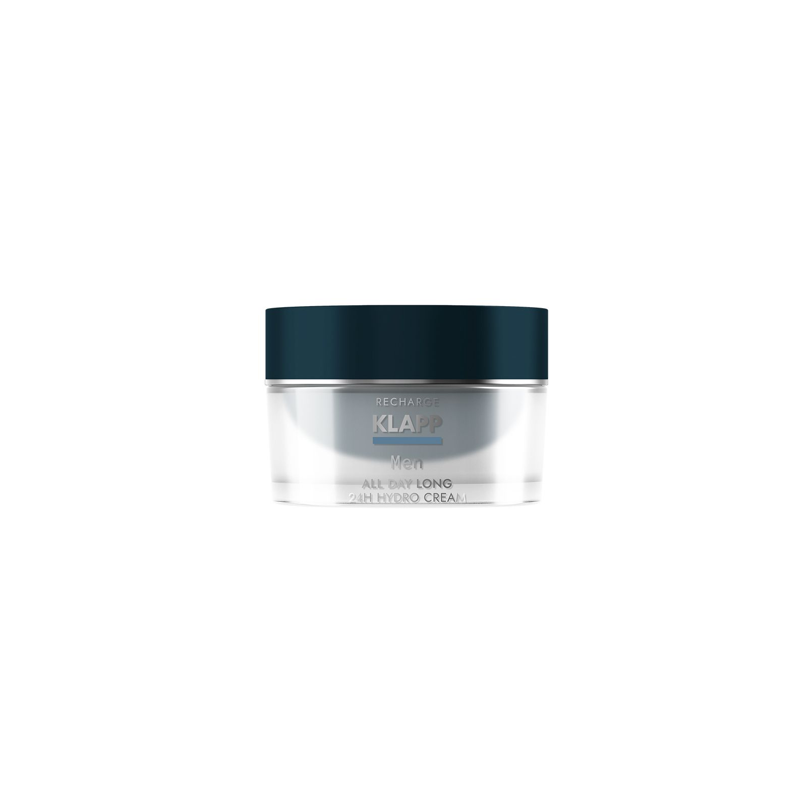 Crèmepot met blauwe deksel. Opschrift: KLAPP MEN ALL DAY LONG 24H HYDRO CREAM.