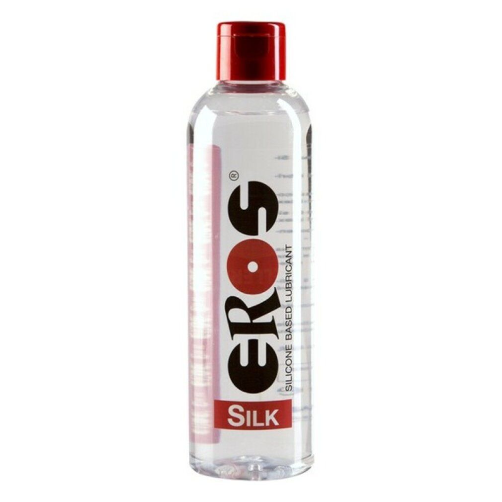 Transparante fles met rode dop. Opschrift: EROS SILK. Siliconen glijmiddel.