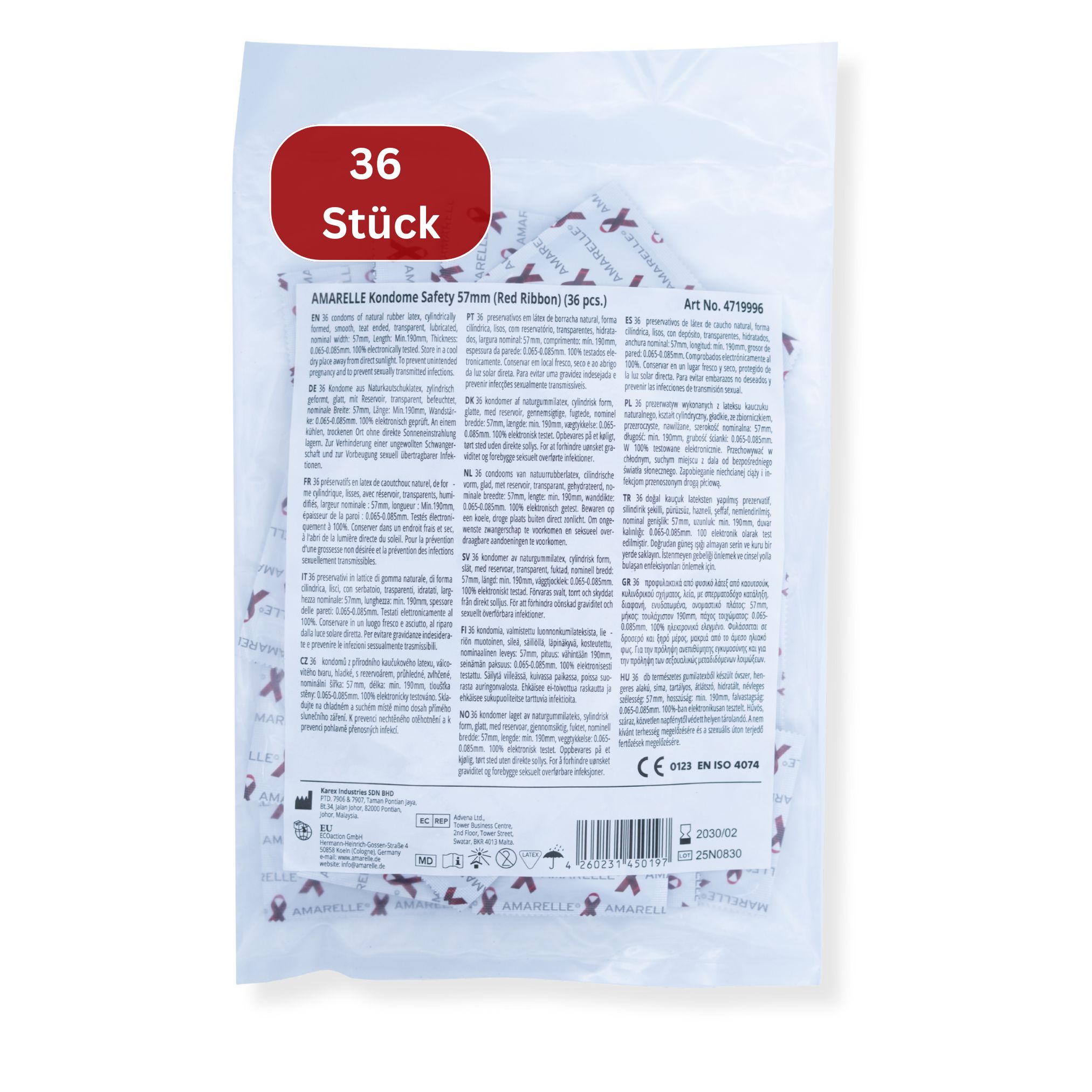 Paquet de 36 préservatifs. Inscription rouge "36 Stück". Emballage transparent avec informations et motif ruban rouge.