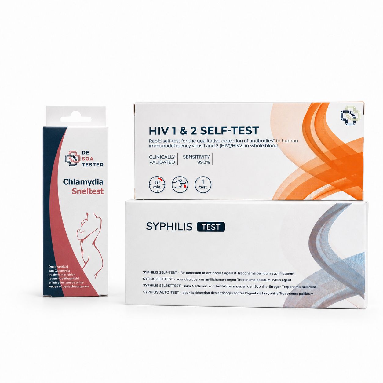 Drie zelftests voor chlamydia, hiv en syfilis. Bevat hiv 1 & 2 en syfilistests.