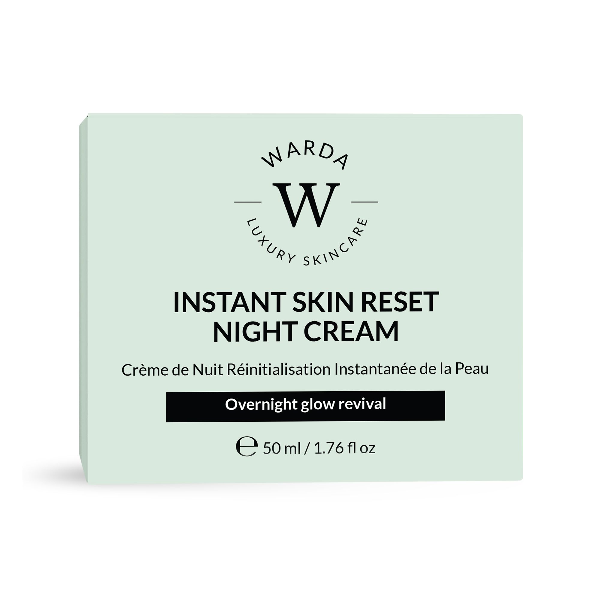 Boîte avec inscription: Instant Skin Reset Night Cream. Marque: Warda Luxury Skincare. Crème de nuit. 50 ml.
