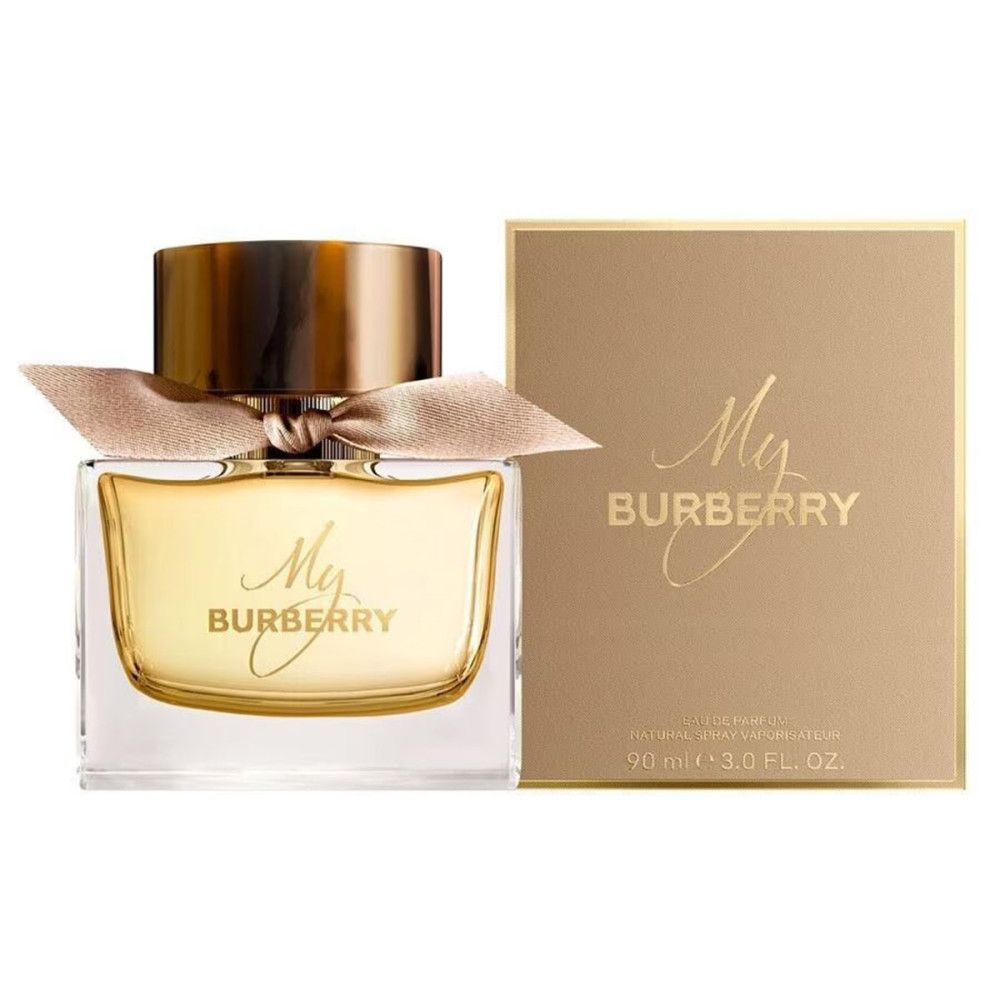 Flacon My Burberry Eau De Parfum Spray 90ml avec nœud et bouchon doré.
