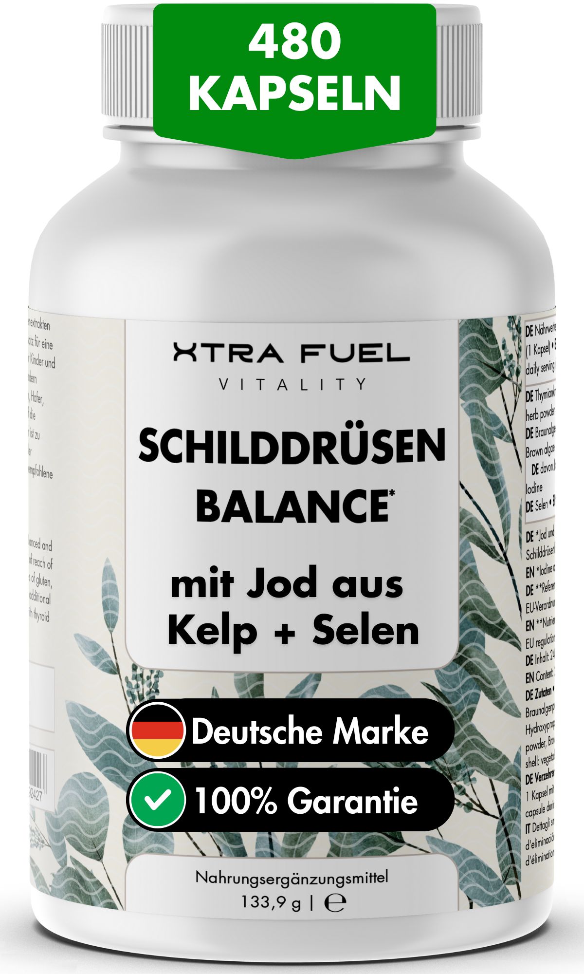 Witte fles met capsules. Opschrift: XTRA FUEL Schildklierbalans. Bevat jodium uit kelp en selenium. 480 capsules.