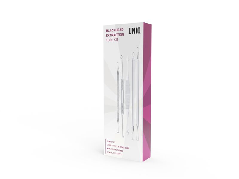 Emballage du produit avec le logo UNIQ et le nom du produit. Design rose et blanc. Contient des illustrations d'outils.