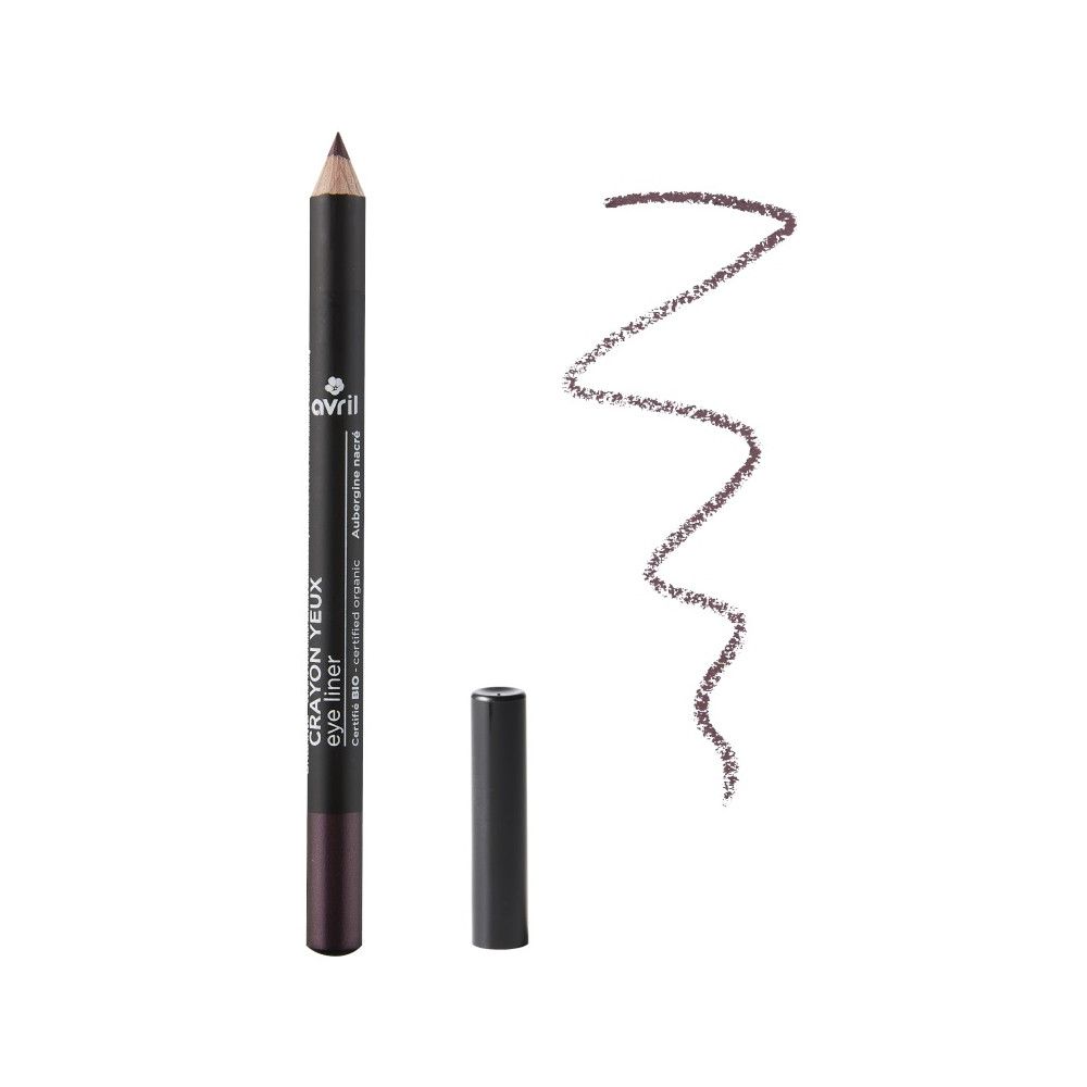 Zwarte oogpotlood met dop. Een lijn van het potlood ernaast. Opschrift: Crayon Yeux Eye Liner, Avril.