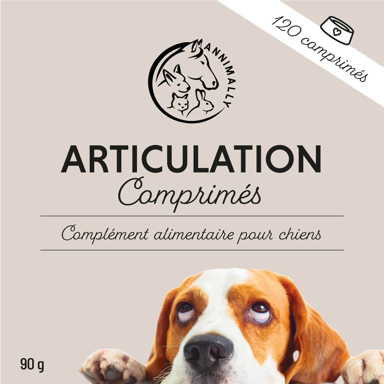 Emballage de 120 comprimés. Inscription : ARTICULATION Comprimés. Image de chien. Logo. 90 g.