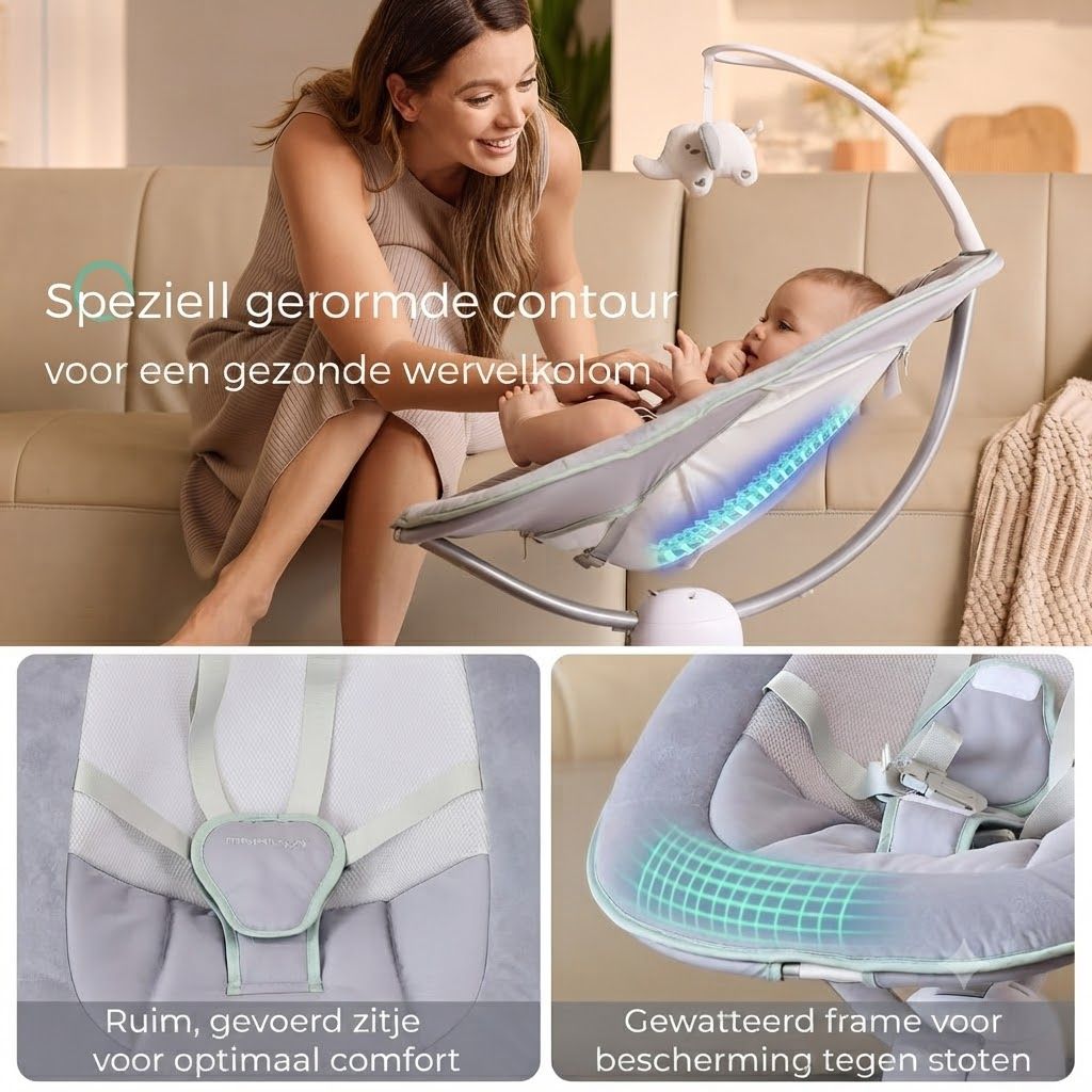 Grijze babywipper met speelboog, moeder en baby op de achtergrond.