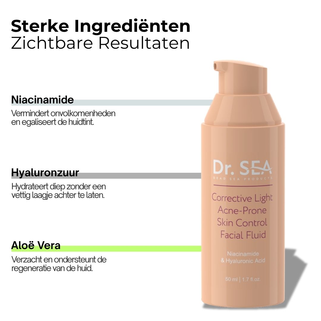 Beige fles. Opschrift: Dr. SEA, Corrective Light, Acne-Prone Skin Control Facial Fluid. Tekst over ingrediënten.