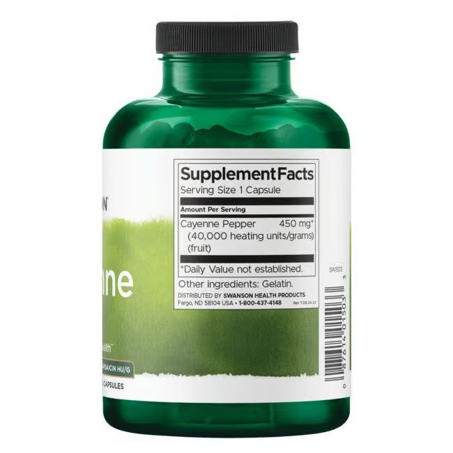Dos du flacon vert. Inscription: Supplement Facts, Cayenne Pepper 450 mg, 300 capsules. Bouchon noir.