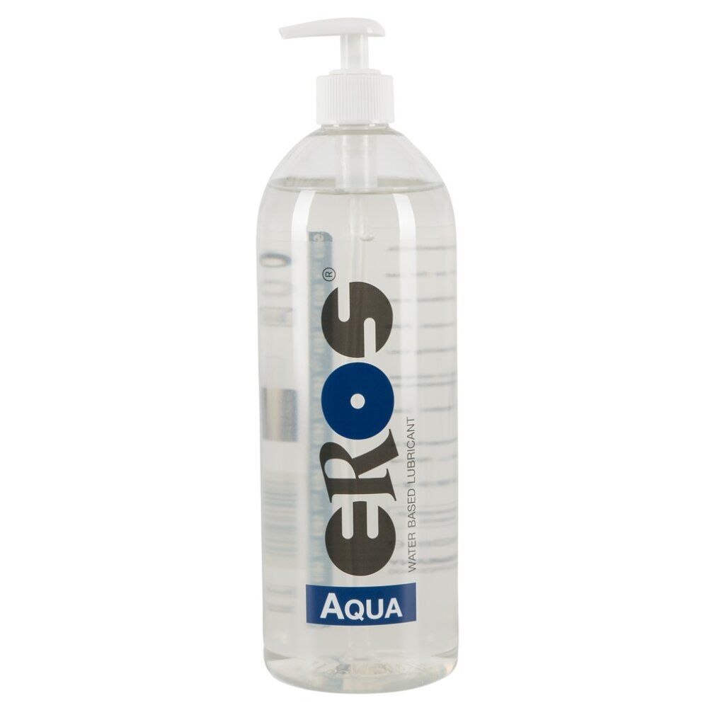Transparante fles met doseerpomp. Opschrift: EROS Aqua. Glijmiddel op waterbasis.