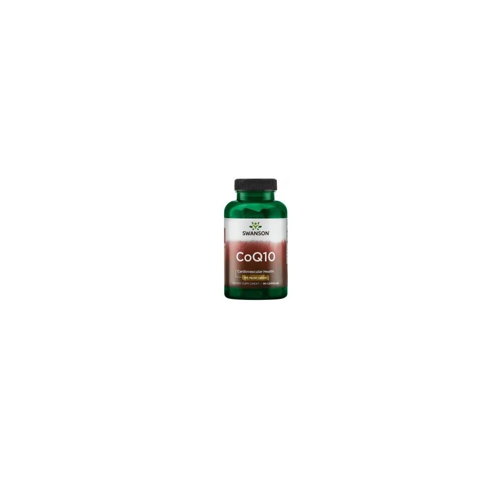 Groene fles met SWANSON CoQ10 etiket en zwarte dop.
