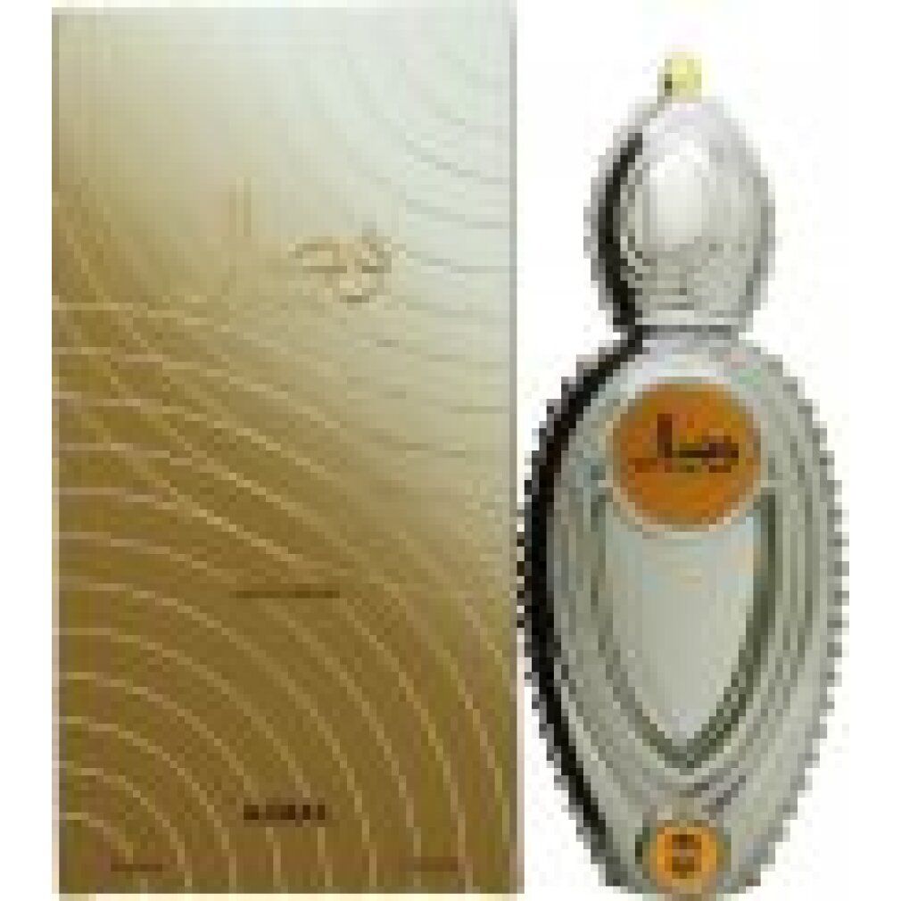 Ajmal Wisal Eau De Parfum Vaporisateur voor dames, zilveren flacon met gouden dop, naast gouden verpakking.