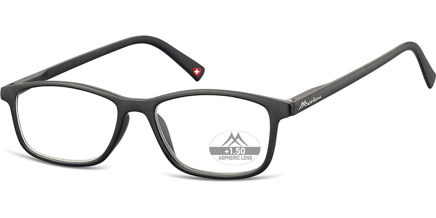Lunettes noires avec verres rectangulaires. "+1.50 ASPHERIC LINE" sur le verre. Croix suisse sur la branche.