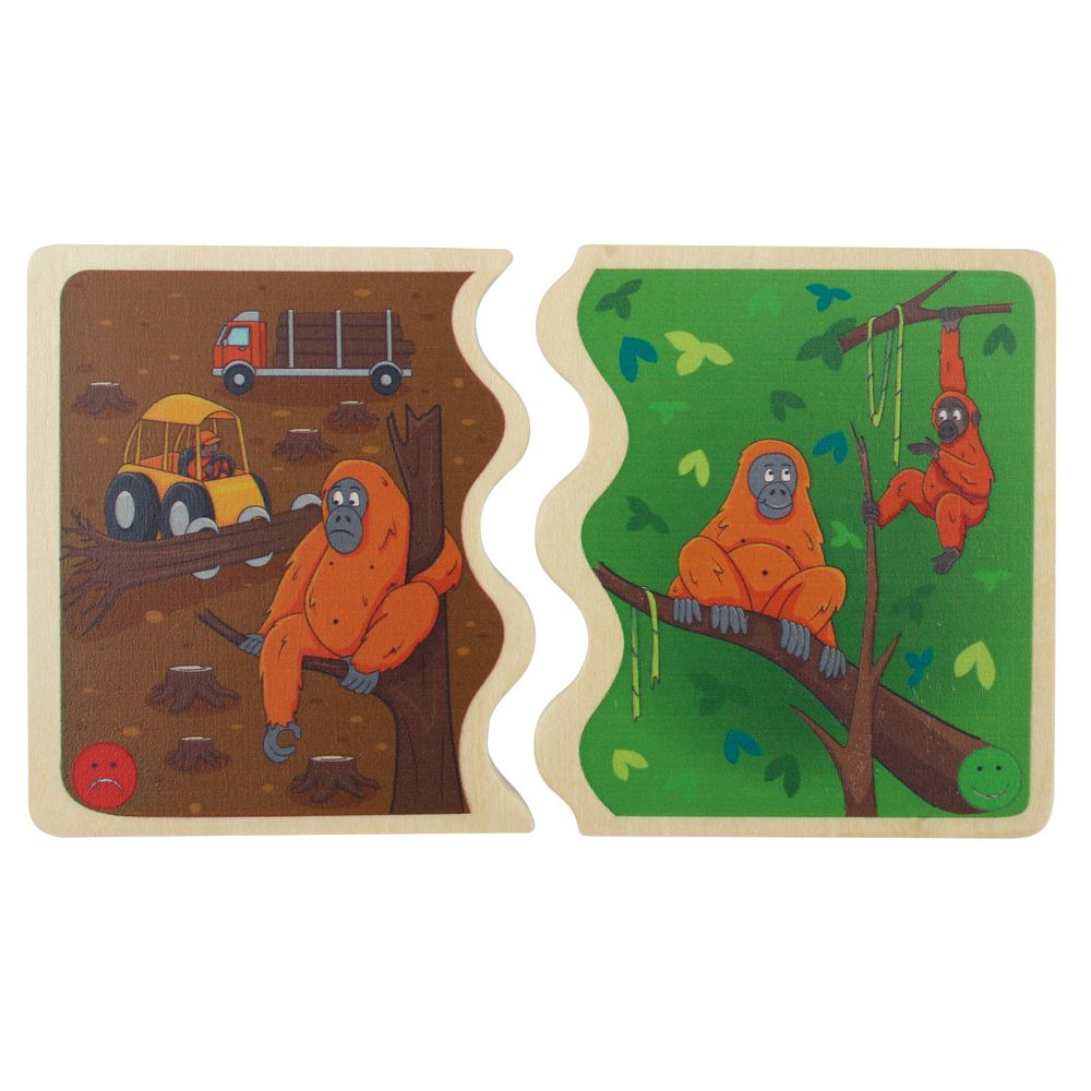 Deux pièces de puzzle avec illustrations d'orang-outans. Un côté montre la déforestation, l'autre un arbre. Smileys rouge et vert.