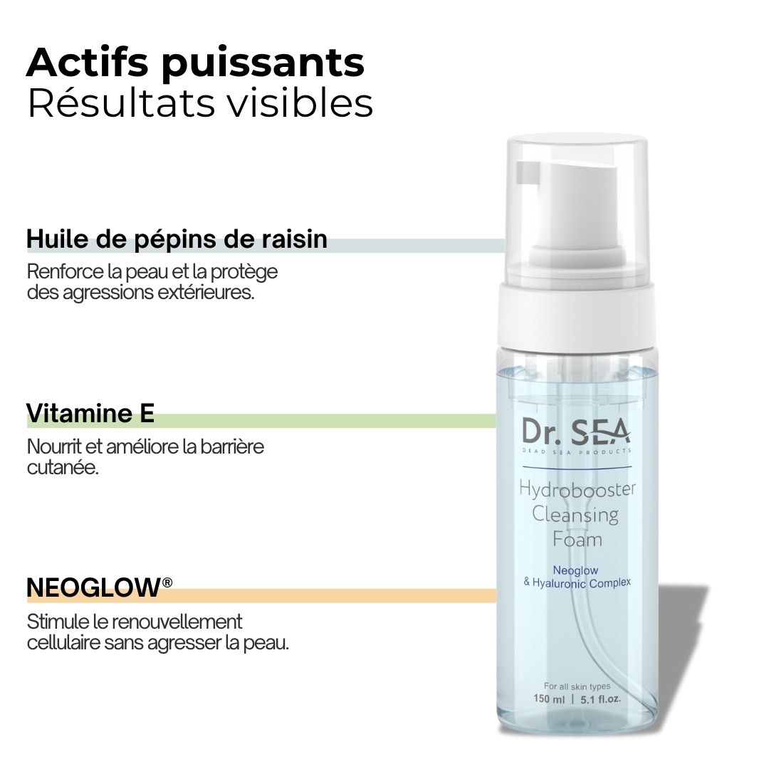 Flacon avec texte et infographie. Texte : Actifs puissants. Ingrédients : Huile de pépins de raisin, Vitamine E, NEOGLOW.