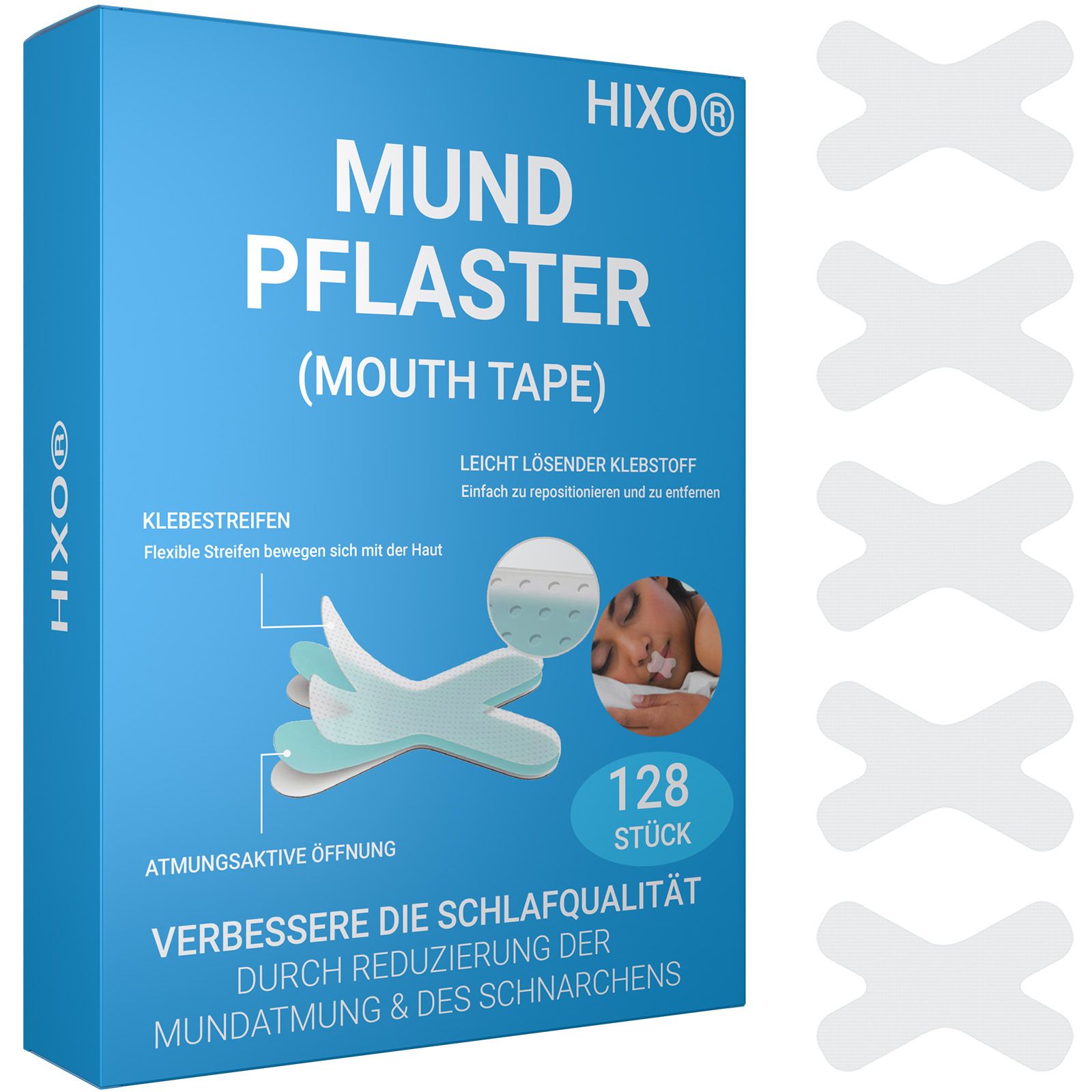 Blauw-witte verpakking met productafbeelding en tekst. Bevat 128 pleisters. Gedrukt: HIXO Mundpflaster (Mouth Tape).