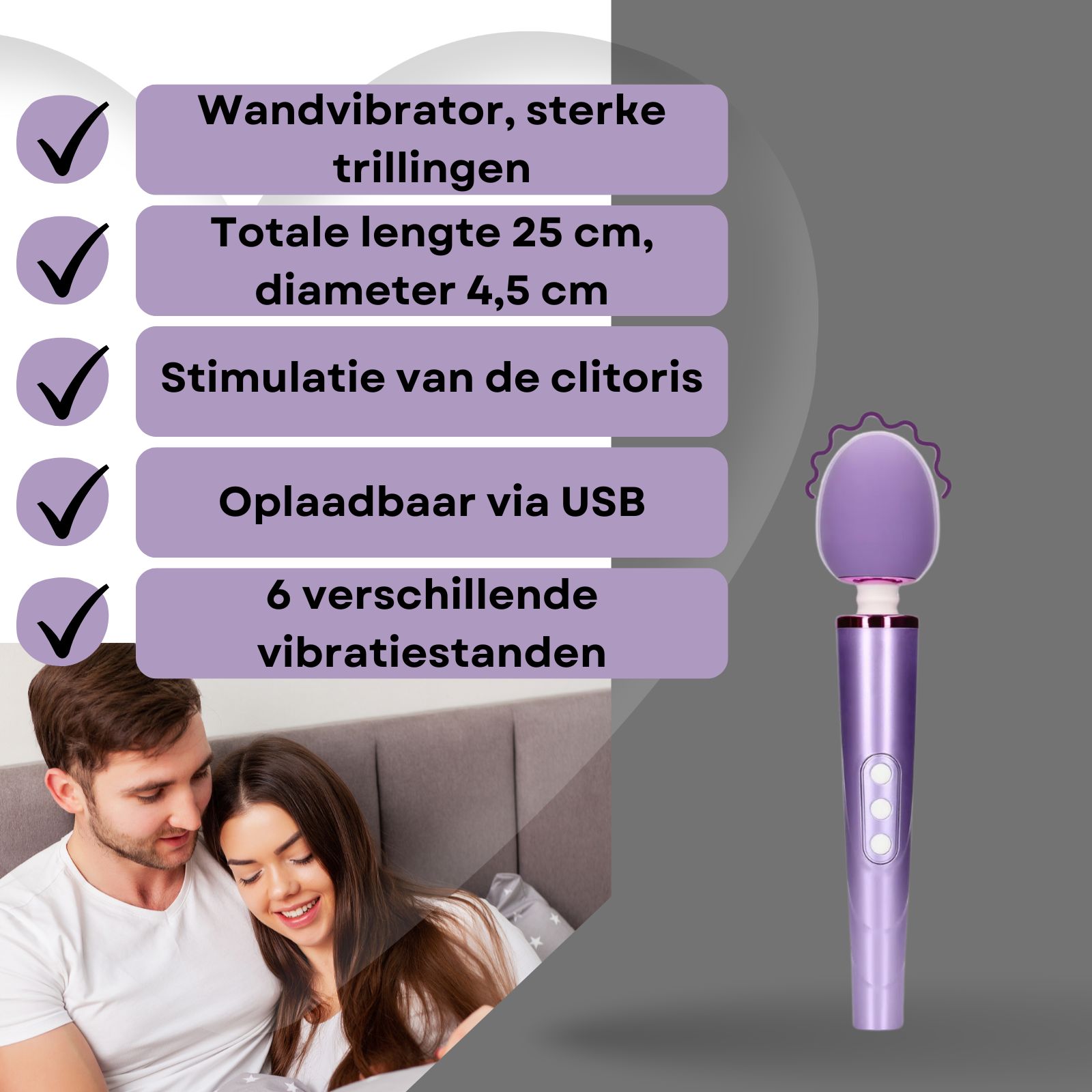 Lila wandvibrator. Tekst: Sterke vibraties, 25cm lang, 4,5cm diameter, USB opladen.