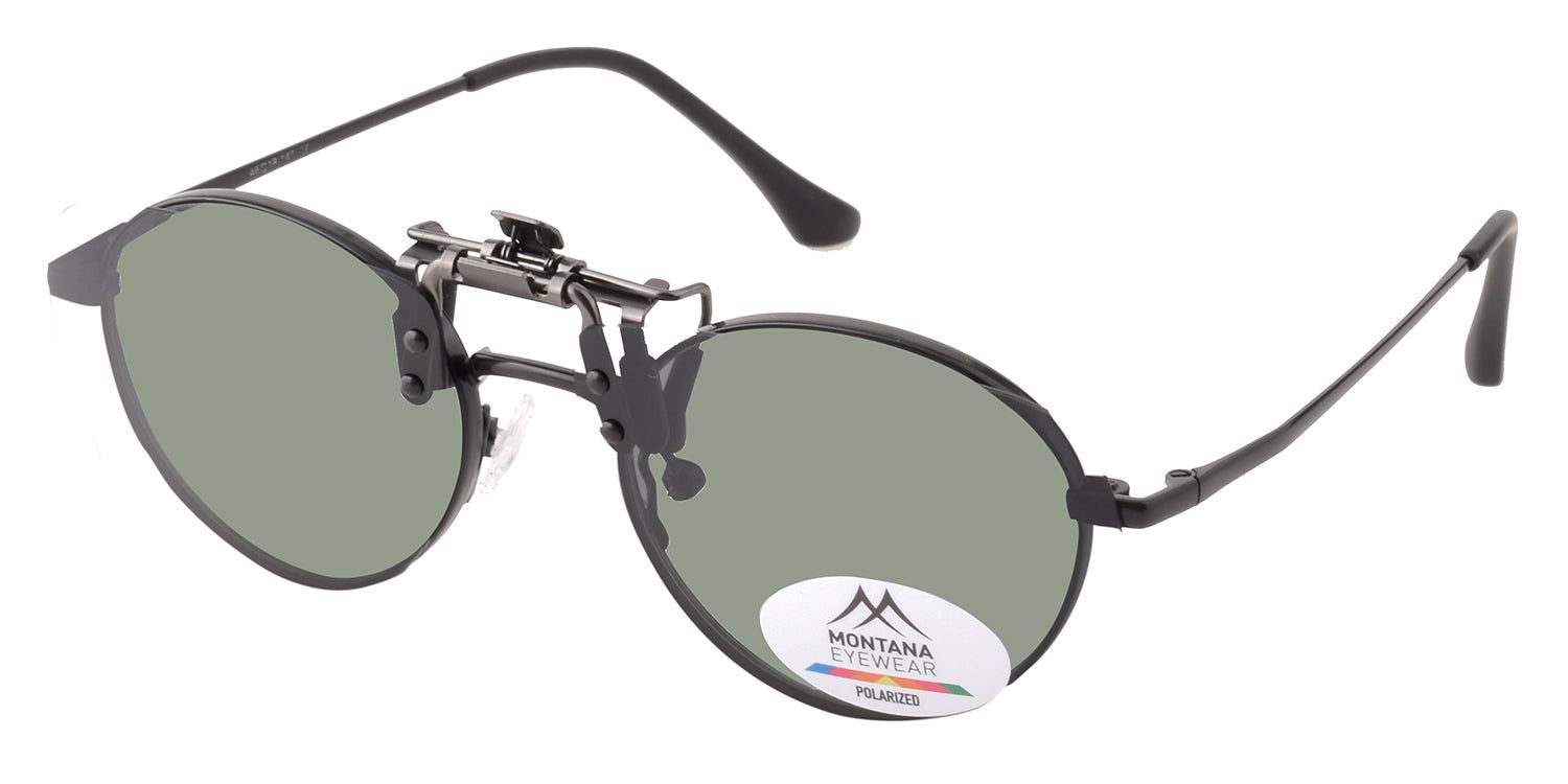 Lunettes de soleil avec clip-on. Monture noire, verres ovales verts. Logo Montana Eyewear.