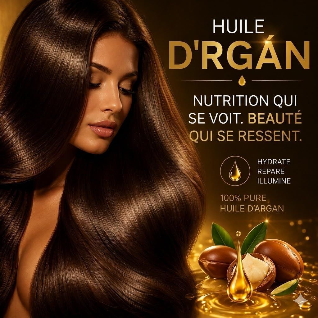 Huile d'argan pour des cheveux brillants et nourris. Montre des fruits d'argan et de l'huile.