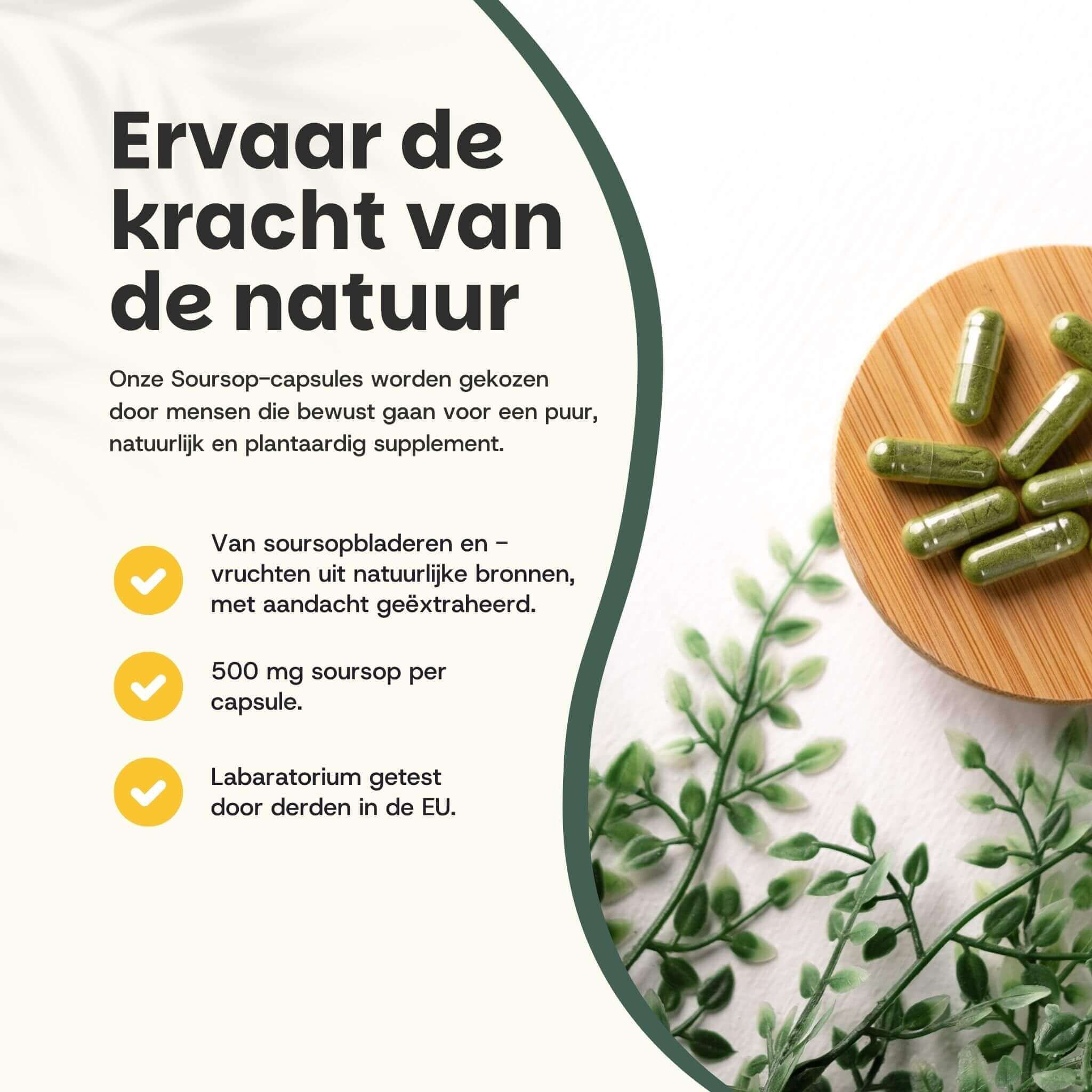 Houten plank met groene capsules. Tekst: 500 mg zuurzak per capsule. Getest door een extern laboratorium in de EU.