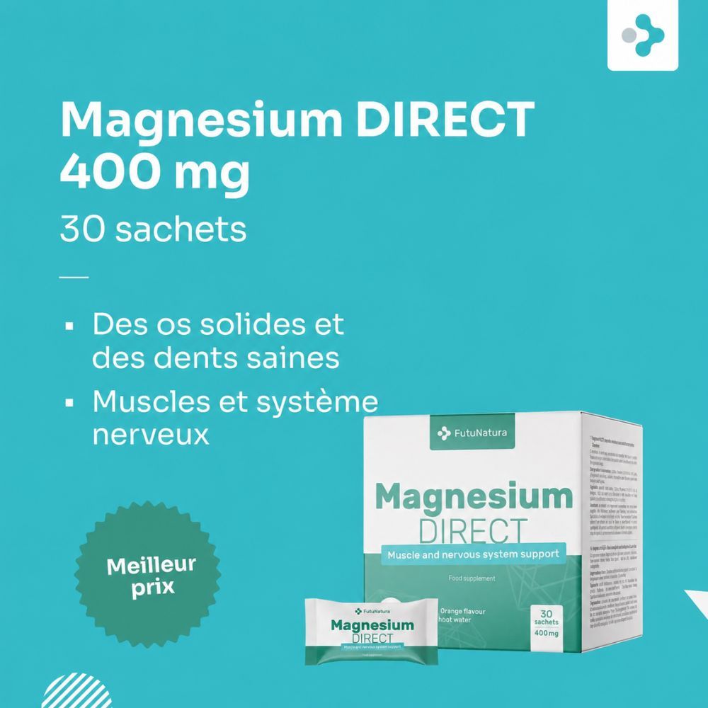 FutuNatura Magnesium DIRECT 400 mg : trois boîtes sur fond bleu.