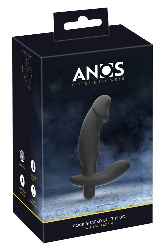 Verpakking voor cock-vormige buttplug met vibratie. Merk ANOS. Productnaam en kenmerken gedrukt.
