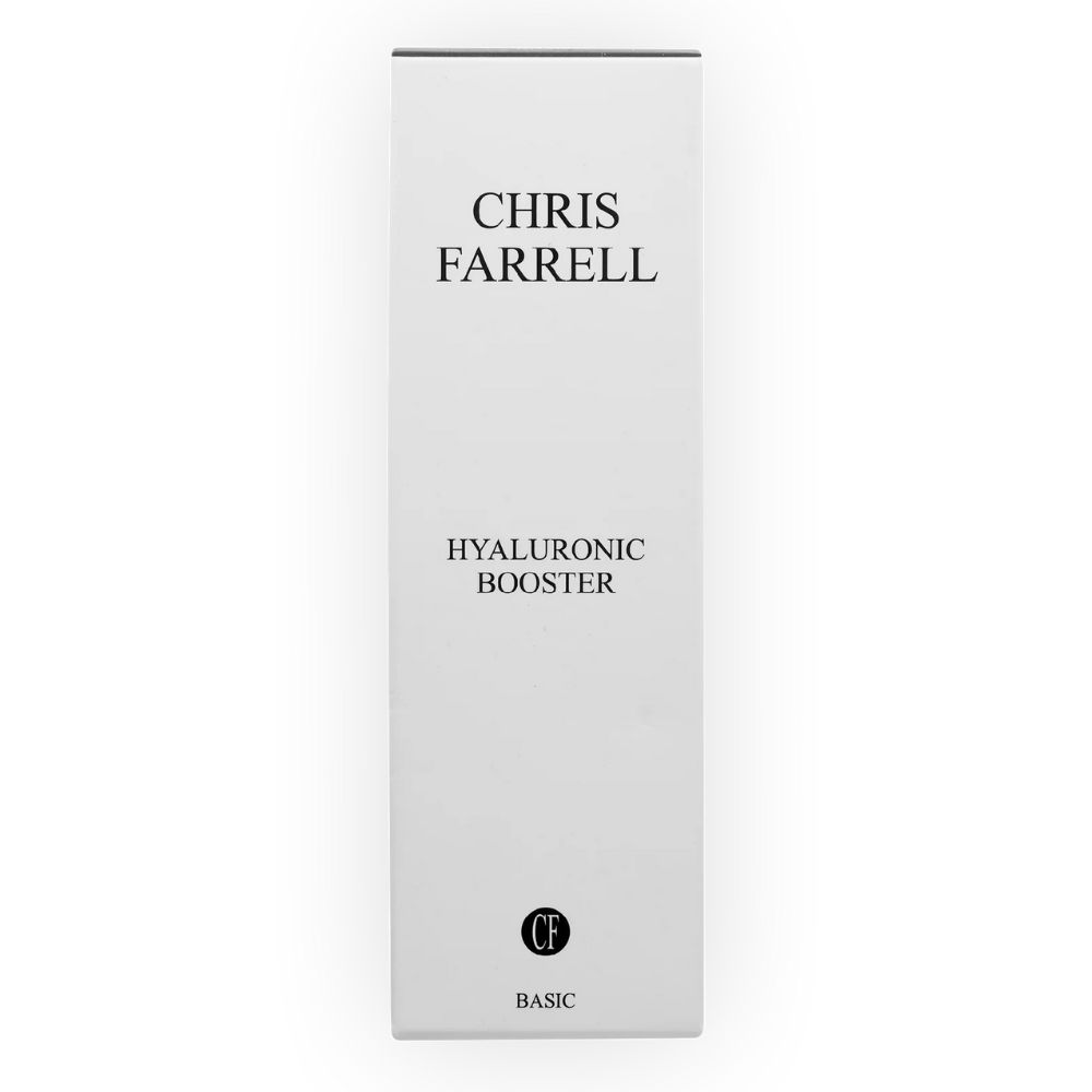 Emballage blanc avec texte noir. "CHRIS FARRELL" en haut, "HYALURONIC BOOSTER" en dessous. "BASIC" et logo en bas.