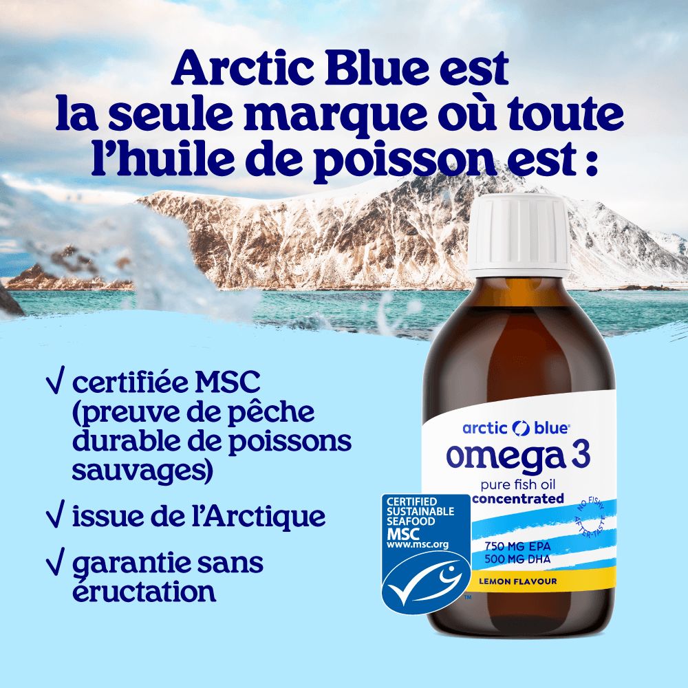 Bouteille Arctic Blue Oméga 3 devant des montagnes arctiques, certifiée MSC.