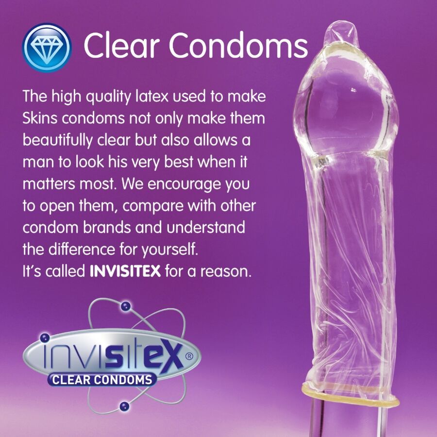 Transparante condoom op paarse achtergrond. Merk: INVISITEX. Tekst: Clear Condoms.
