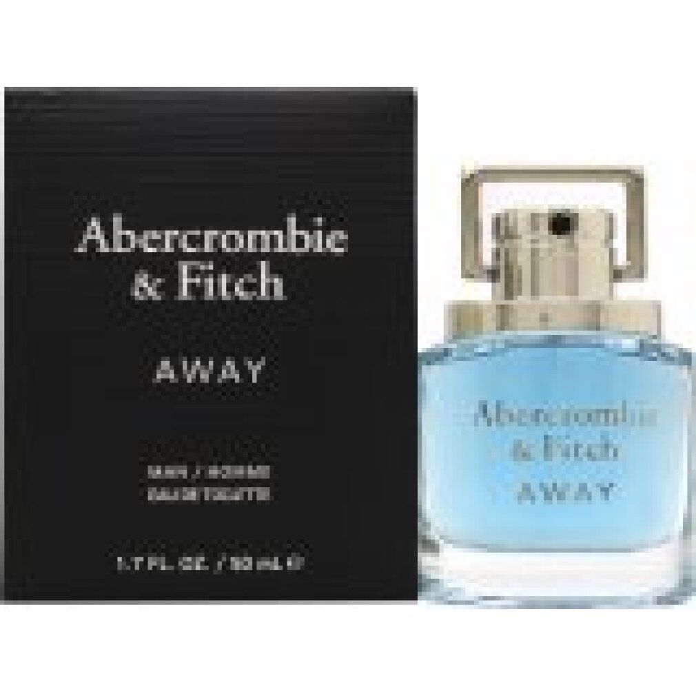 Boîte noire et parfum bleu. Inscription: Abercrombie & Fitch AWAY. Texte: MAN/HOMME EAU DE TOILETTE.