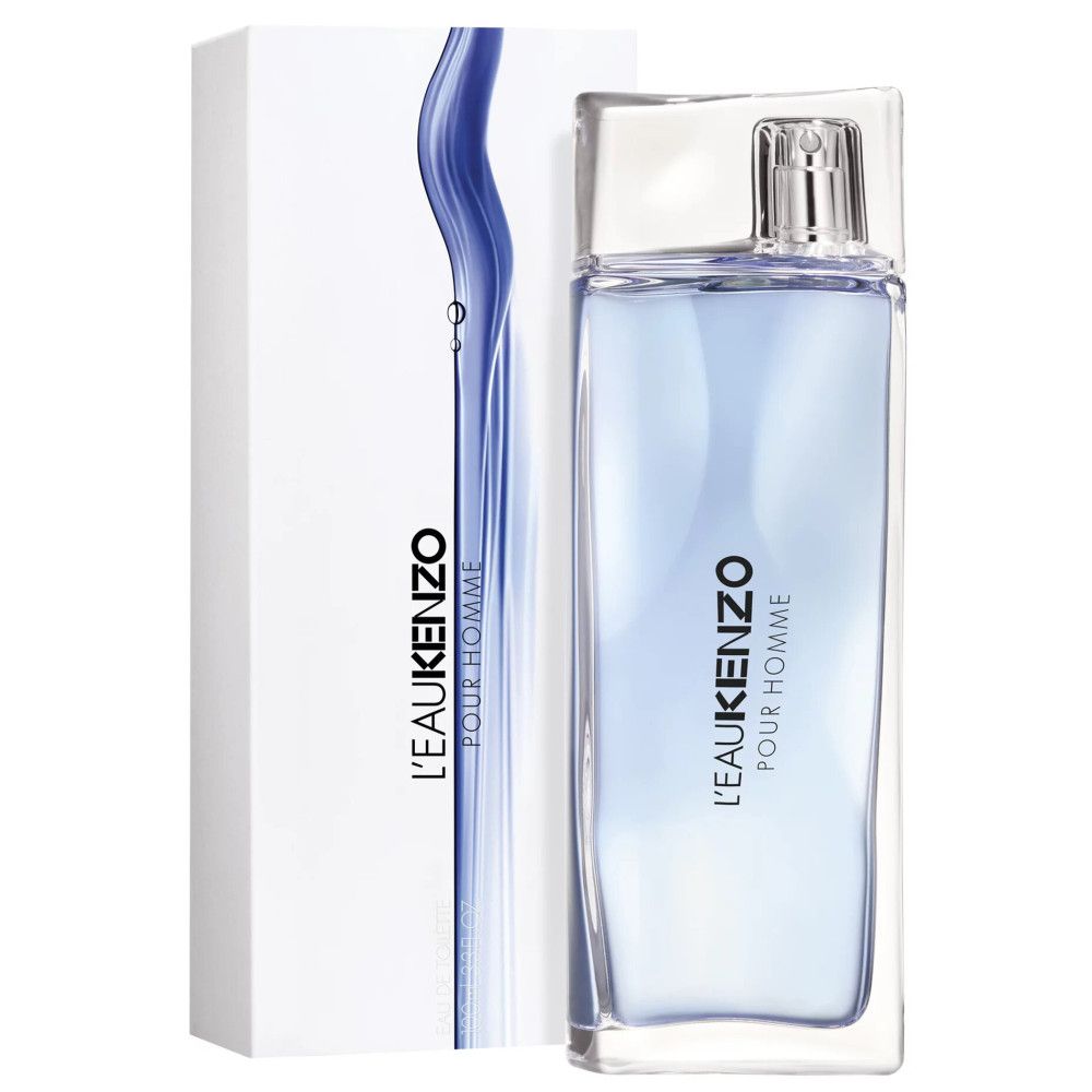 Kenzo L'Eau Kenzo Pour Homme. Fles en verpakking. Rechthoekige fles met blauwe vloeistof. Witte doos met blauw ontwerp en tekst.