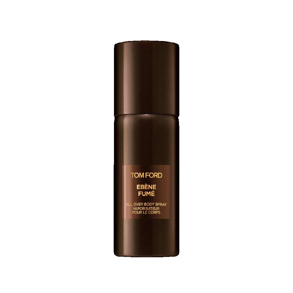 Donkerbruine sprayfles. Opschrift: TOM FORD EBÈNE FUME ALL OVER BODY SPRAY. Cilindrische vorm, bruine dop.