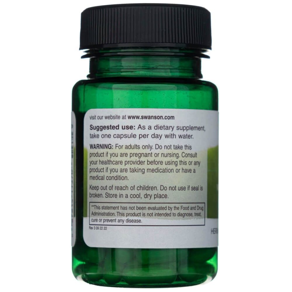Arrière de la bouteille SWANSON Safran 15mg avec instructions d'utilisation et avertissements.