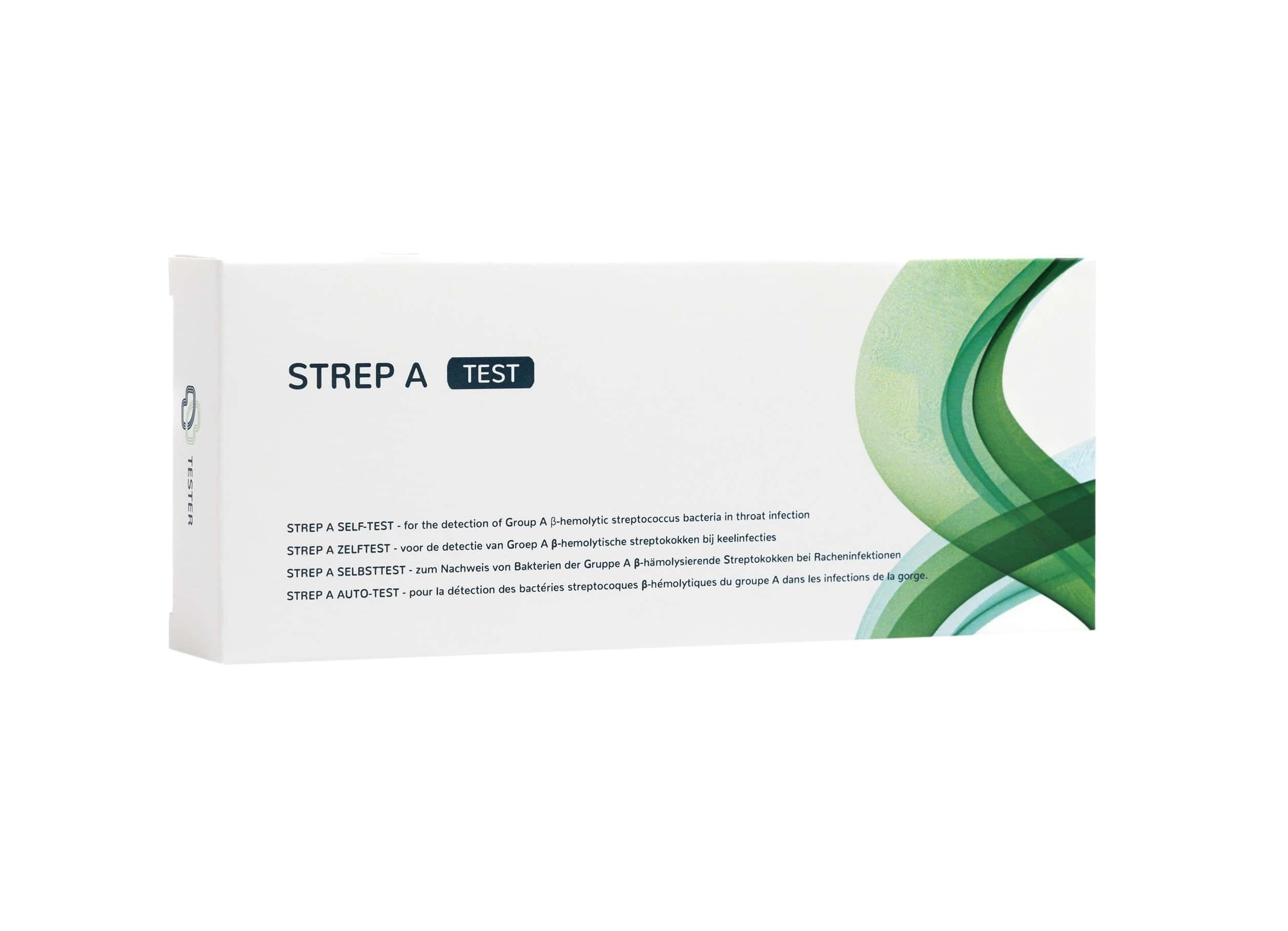 Emballage du test rapide Strep A avec informations produit multilingues.