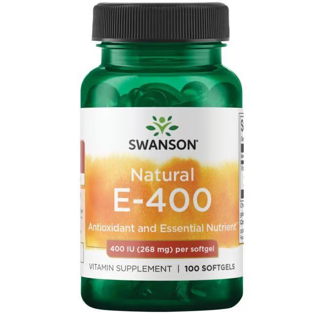Flacon vert avec bouchon noir. Étiquette avec "SWANSON", "Natural E-400", "Vitamin Supplement" et "100 Softgels".