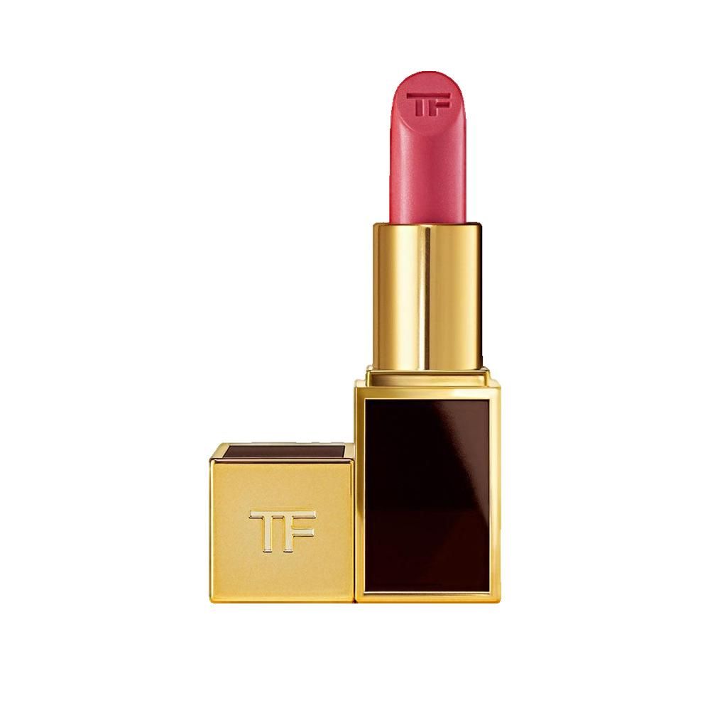 Roze lipstick. Gouden huls met TF-logo. Open, stick zichtbaar.