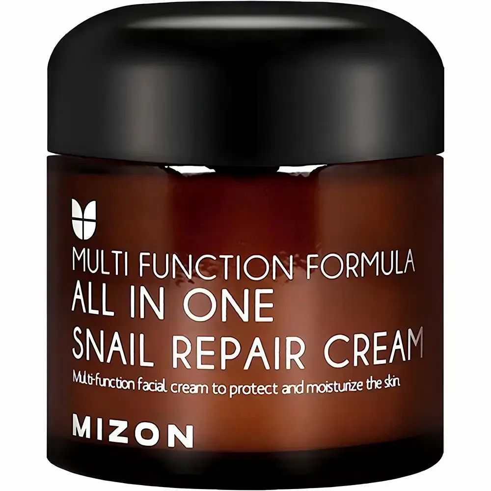 Bruine glazen pot met zwarte deksel. Opschrift: ALL IN ONE SNAIL REPAIR CREAM. Merk: MIZON.