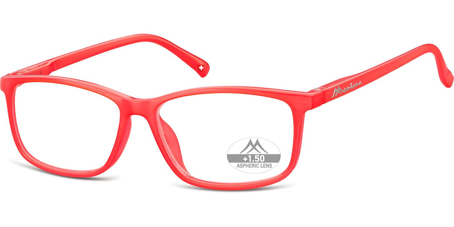 Lunettes rouges avec verres rectangulaires. "Montana Eyewear" sur la branche. "1.50 Aspheric Lens" sur le verre.