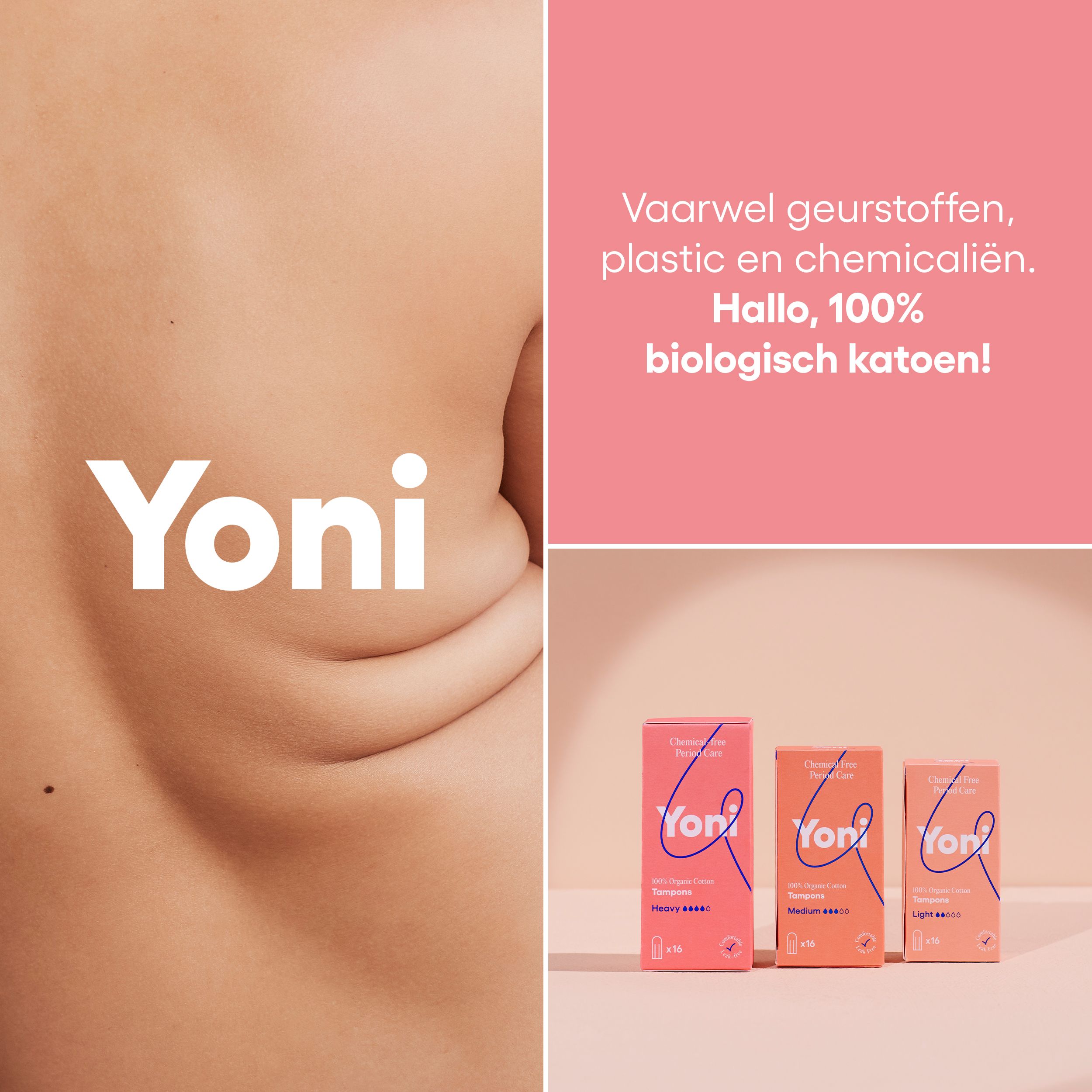 Collage: Yoni logo, drie pakjes tampons, tekst: 100% biologisch katoen. Achtergrond: roze.