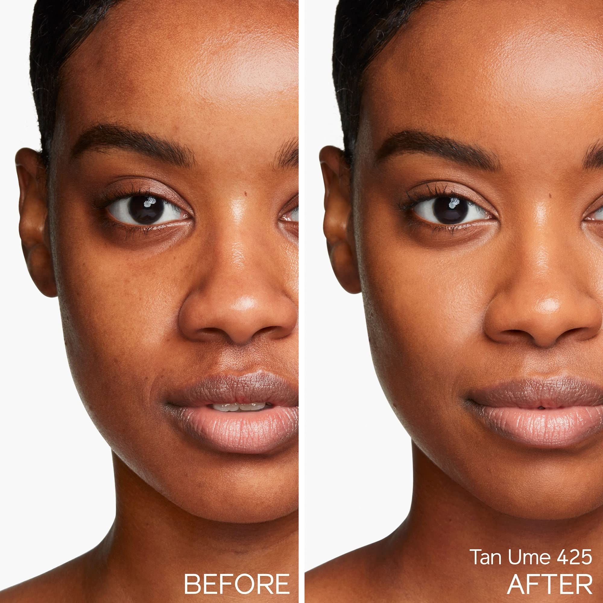 Gezicht van een vrouw. Links: Voor. Rechts: Na. Tint: Tan Ume 425.