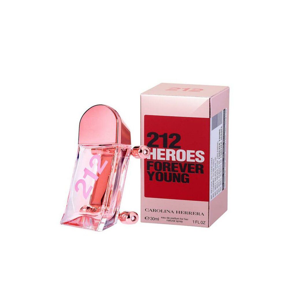 Flacon en verre rose avec bouchon rose et inscription 212. À côté, une boîte rose avec un champ rouge et une écriture blanche.