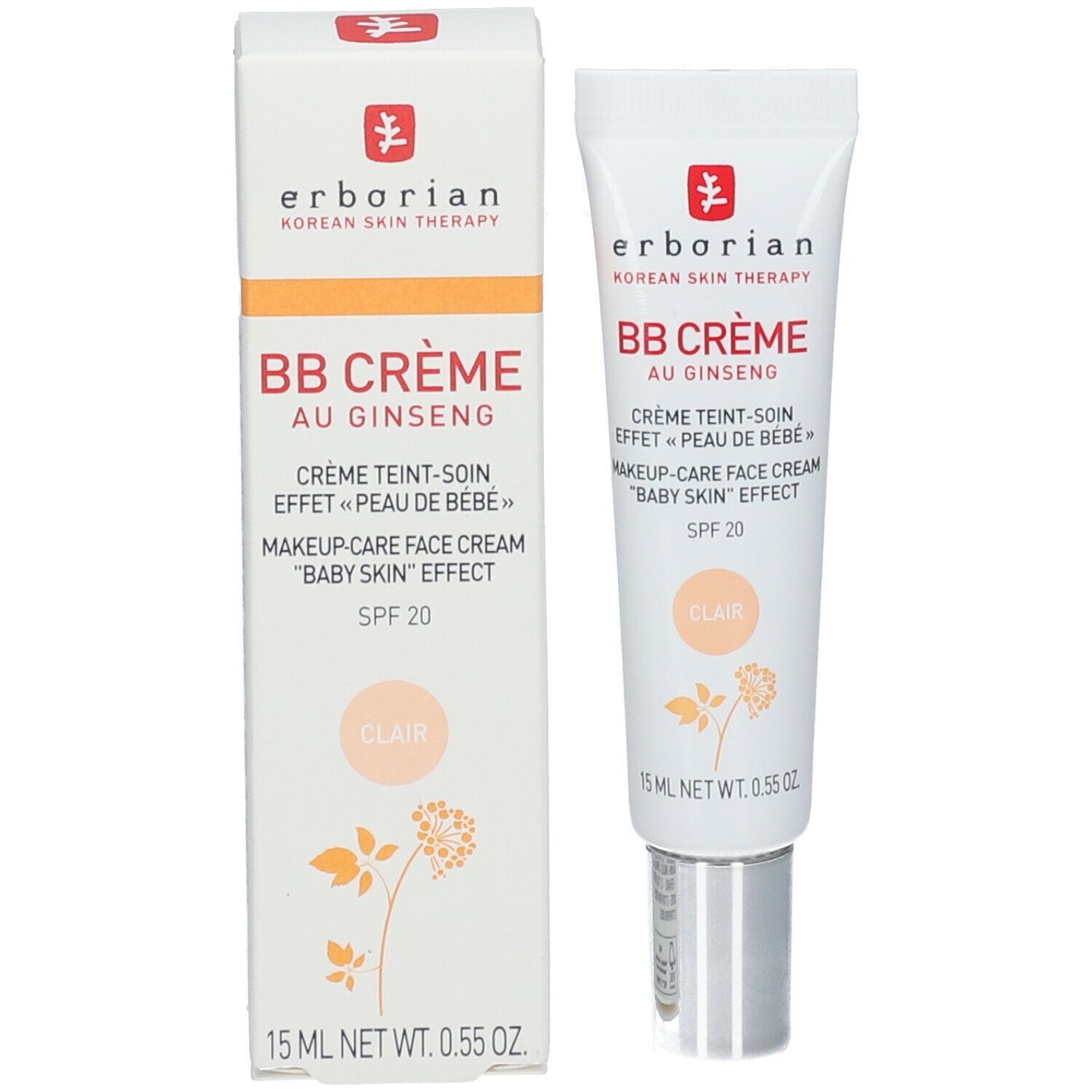 Productverpakking met tube. Witte doos en tube met rode tekst. BB Crème au Ginseng Clair, SPF 20.