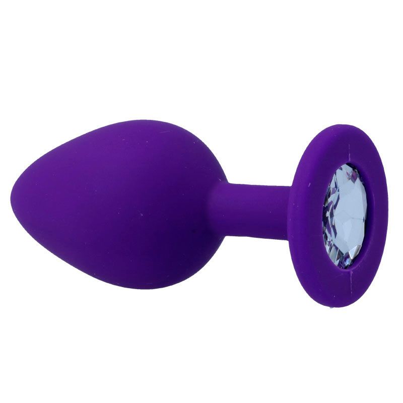 Paarse anale plug met kristal, zijaanzicht.