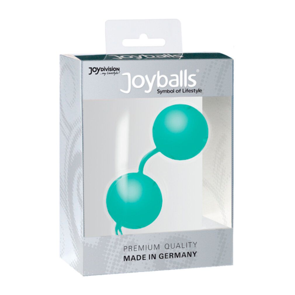 Verpakking met lichtblauwe Joyballs® Trend, premium kwaliteit, made in Germany.