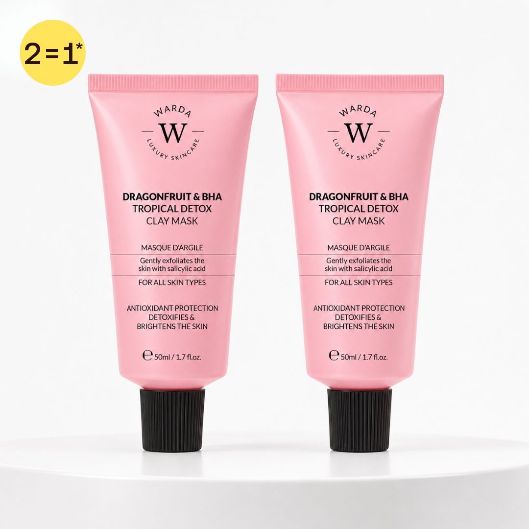 Deux tubes roses de masque à l'argile détoxifiant Warda Luxury Skincare Dragonfruit & BHA, 50ml chacun.