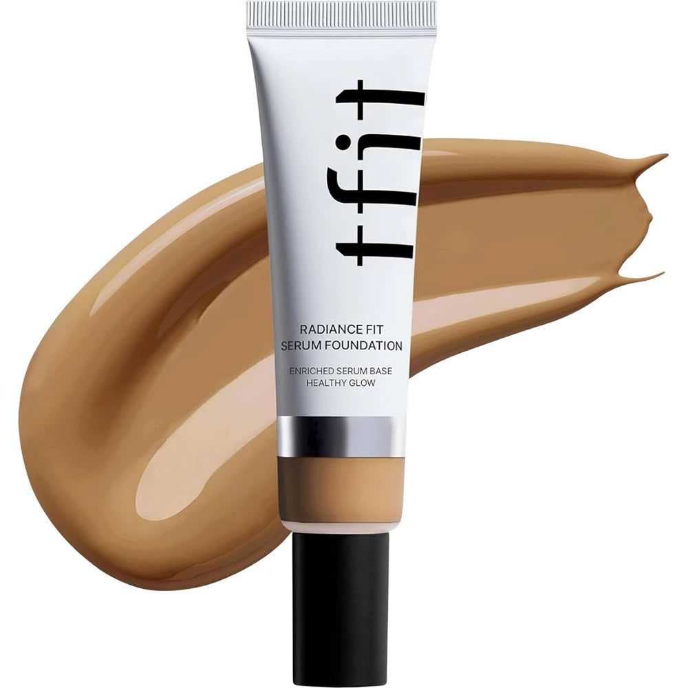 TFIT Radiance Fit Serum Foundation in N06 HAZEL. Tube met product en kleurstalen.