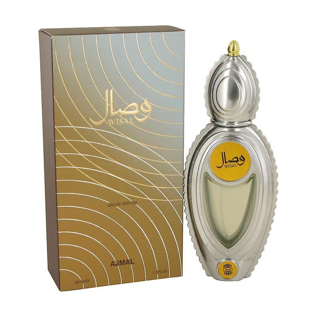 Ajmal Wisal Eau De Parfum Vaporisateur voor dames, zilveren flacon met gouden dop en verpakking.