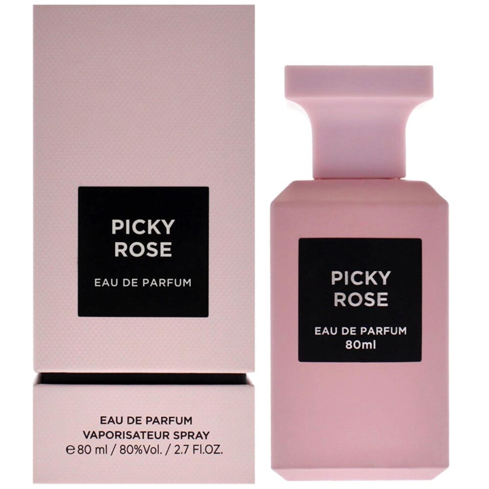 Flacon et boîte roses. Étiquette noire "Picky Rose Eau de Parfum". 80ml.
