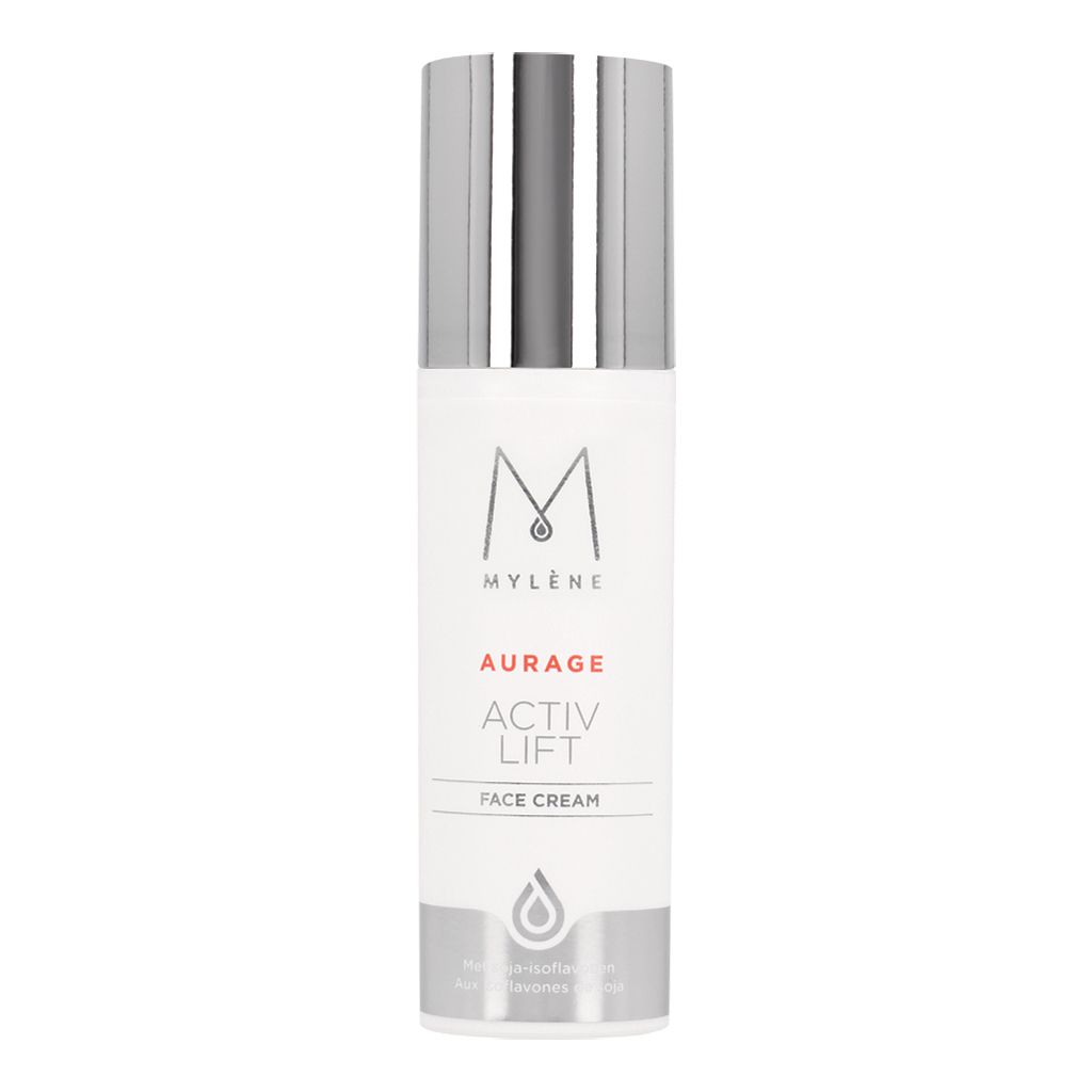 Tube de crème blanche avec bouchon argenté. Inscription: MYLÈNE, AURAGE ACTIV LIFT, FACE CREAM. Symbole goutte.