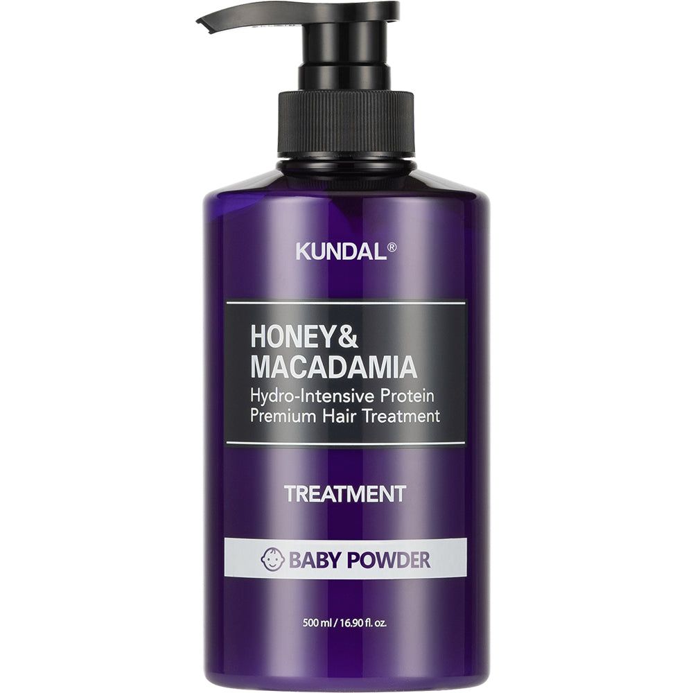 Paarse pompfles met KUNDAL Honey & Macadamia Protein Treatment.